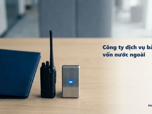Công ty dịch vụ bảo vệ vốn nước ngoài: bìa hồ sơ navy, bộ đàm và đầu đọc thẻ kiểm soát ra vào trên bàn làm việc