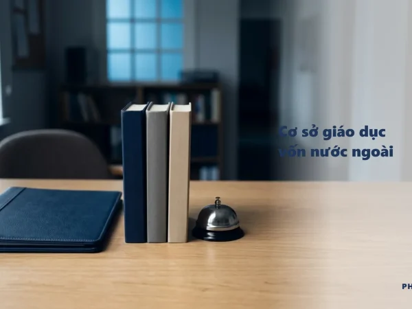 Cơ sở giáo dục có vốn nước ngoài: bìa hồ sơ navy, chồng sách bìa trơn và chuông bàn thép trên bàn làm việc