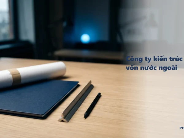 Công ty kiến trúc vốn nước ngoài: bìa hồ sơ navy, cuộn bản vẽ, thước tỷ lệ và bút chì trên bàn làm việc