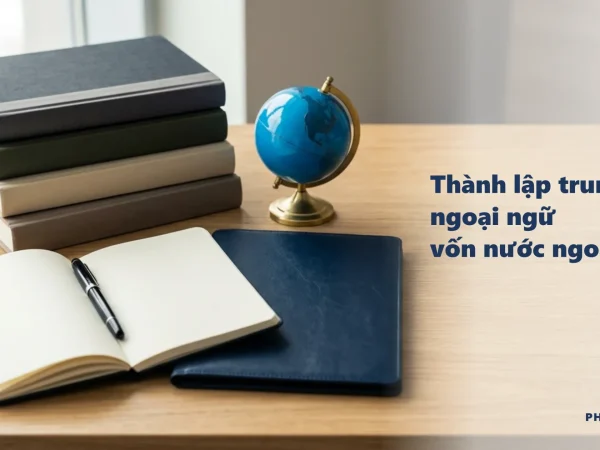 Thành lập trung tâm ngoại ngữ vốn nước ngoài: chồng sách, quả địa cầu và bìa hồ sơ navy