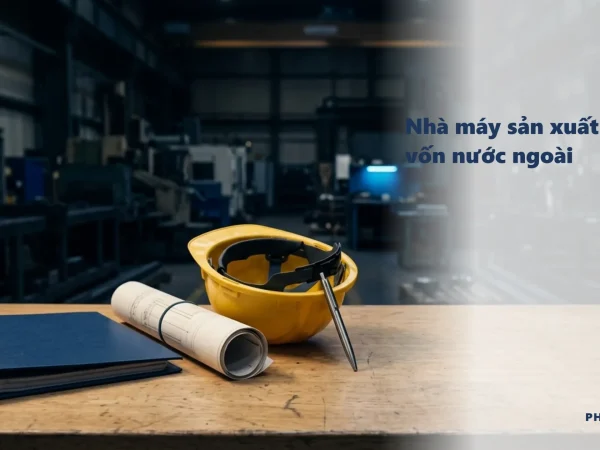 Thành lập nhà máy sản xuất vốn nước ngoài: bìa hồ sơ navy, cuộn bản vẽ và mũ bảo hộ trên bàn trước xưởng