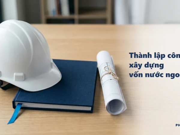 Thành lập công ty xây dựng vốn nước ngoài: mũ bảo hộ, bìa hồ sơ navy và bản vẽ trên bàn