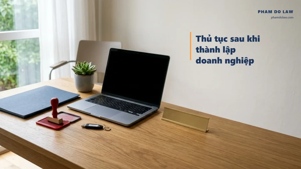 Bàn làm việc có con dấu, chữ ký số và laptop, minh họa các thủ tục sau khi thành lập doanh nghiệp